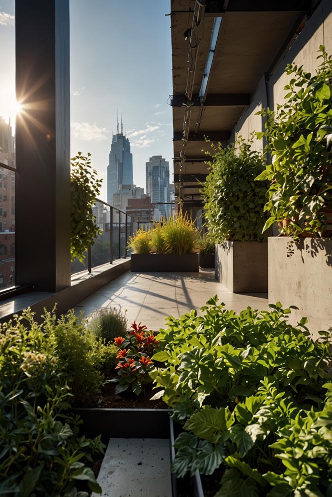 Helles Bild einer begrünten Dachterrasse mit Sonnenschein