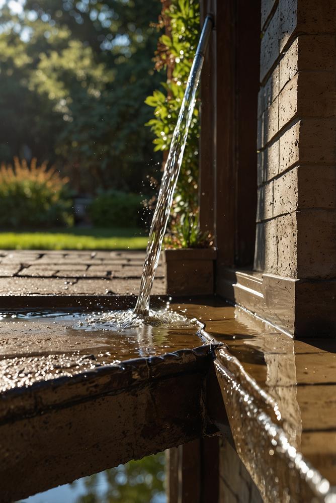 Helles Bild einer gereinigten Dachrinne mit Gartenschlauch im Frühling