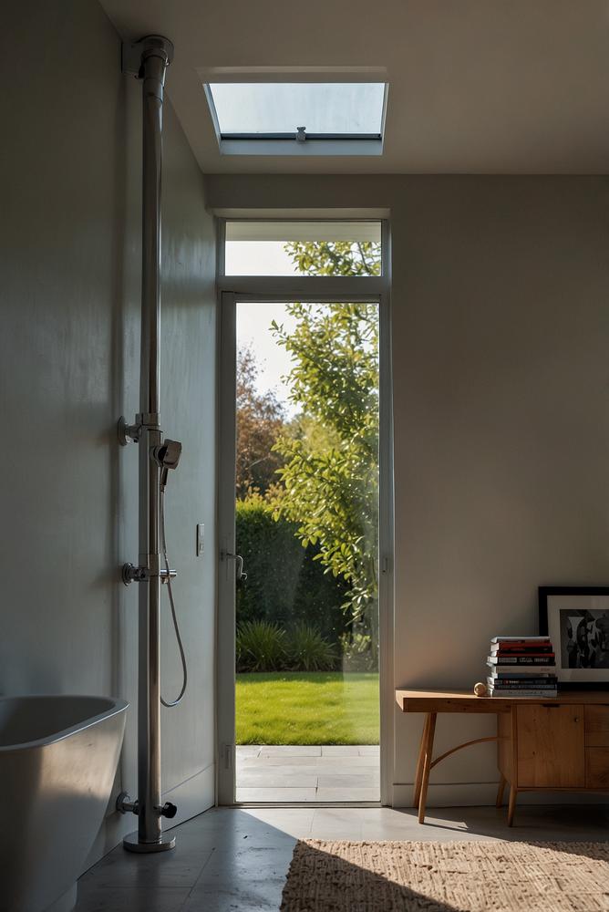 Helle moderne Raumansicht mit Fokus auf Rohrsystem und Licht