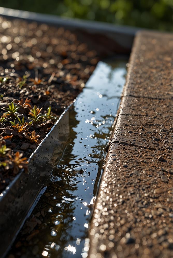 Dachrinne im Frühling mit Wasser und Neigungsprüfung