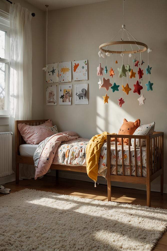 Helles Kinderzimmer mit selbstgemachtem Mobile über dem Bett