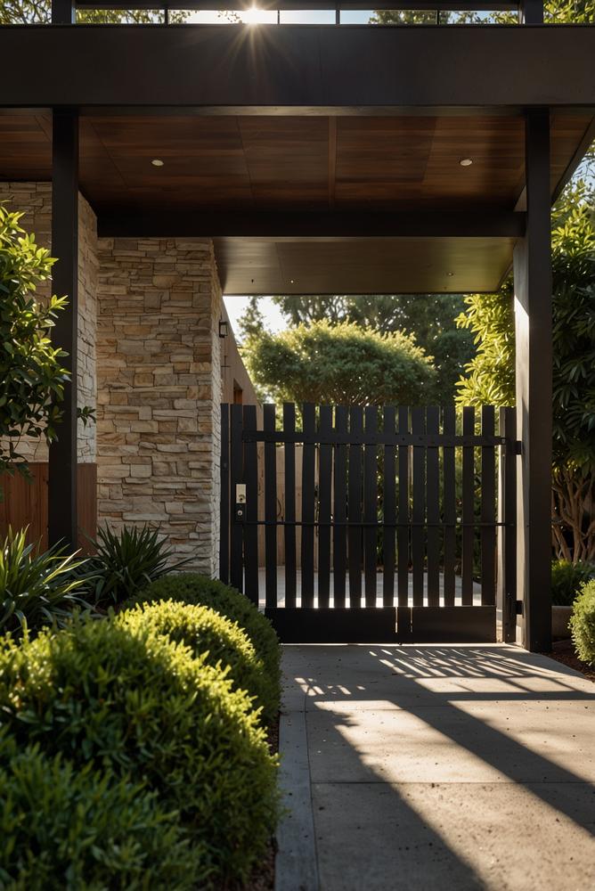 helle einfahrt mit beleuchtung begruengung und tor