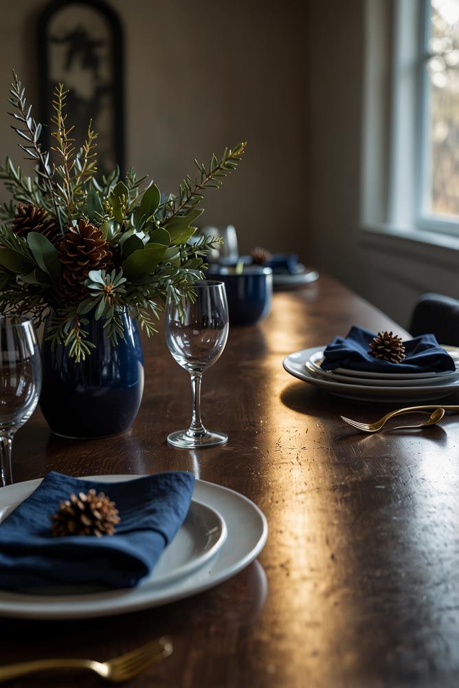 Eleganter Wintertisch mit Goldbesteck und Tannenzapfen