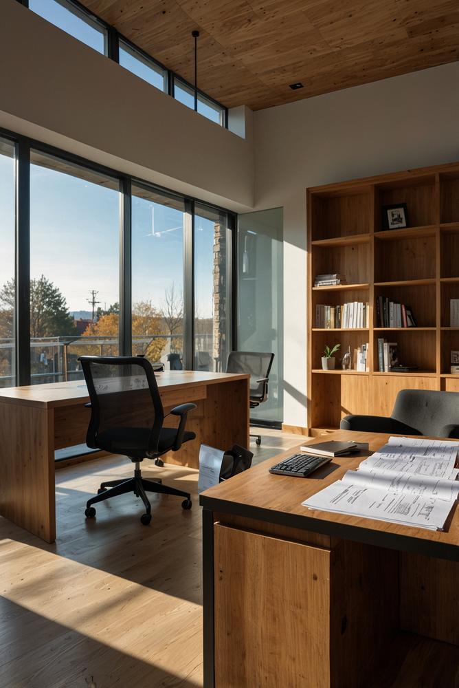 Heller moderner Arbeitsbereich zur Endabnahme beim Hausbau