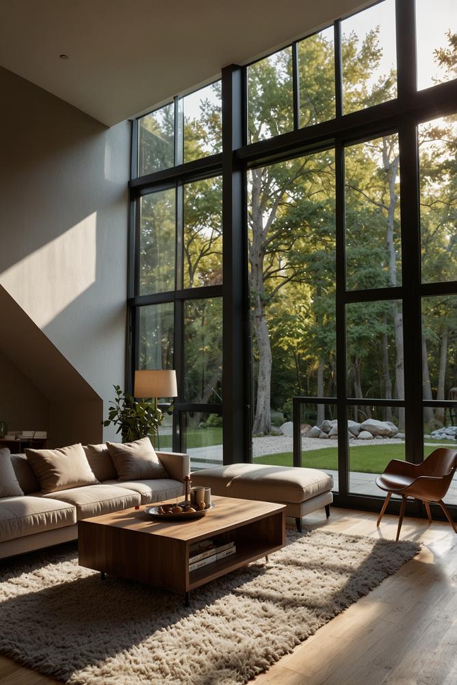 Helles modernes Wohnzimmer mit energieeffizienter Dämmung