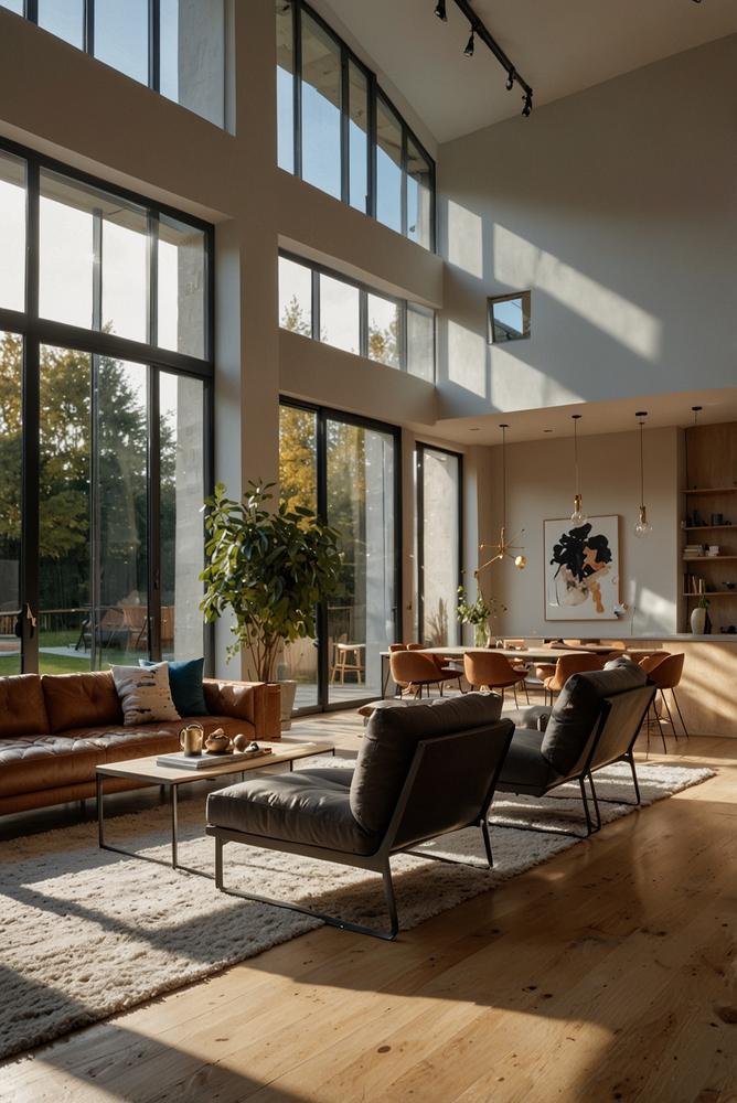 Modernes wohnzimmer mit energieeffizienter heizung und hausautomation