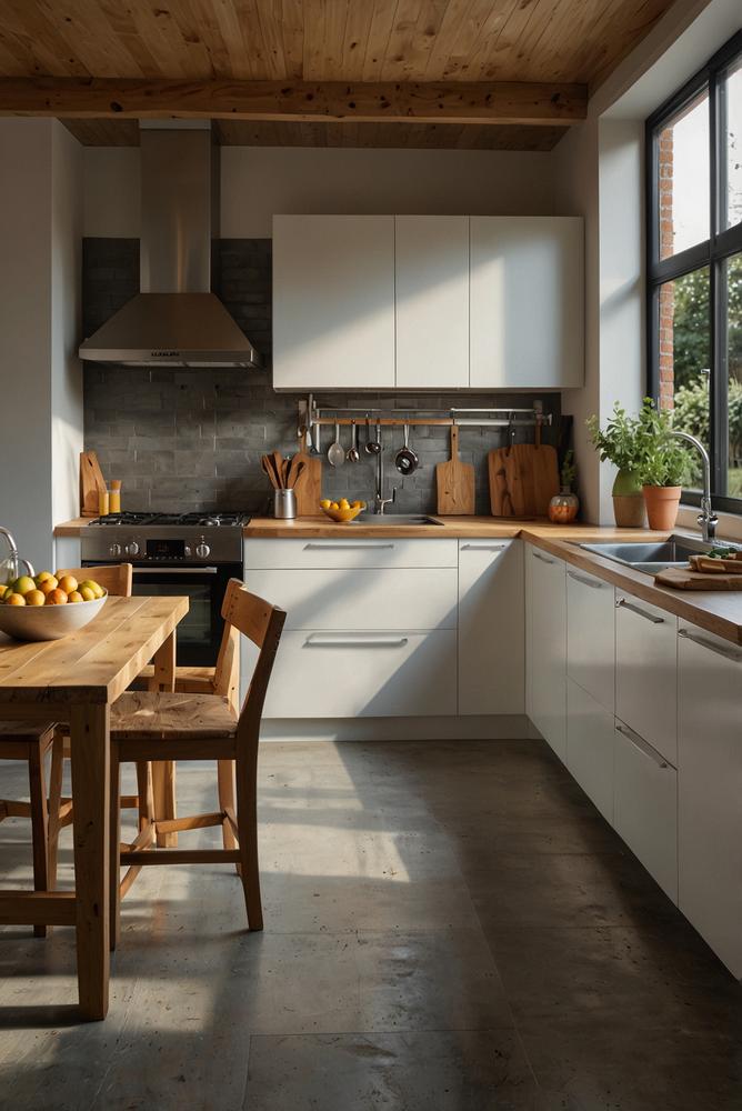 Helle moderne Küche mit energieeffizienten Geräten im Frühling