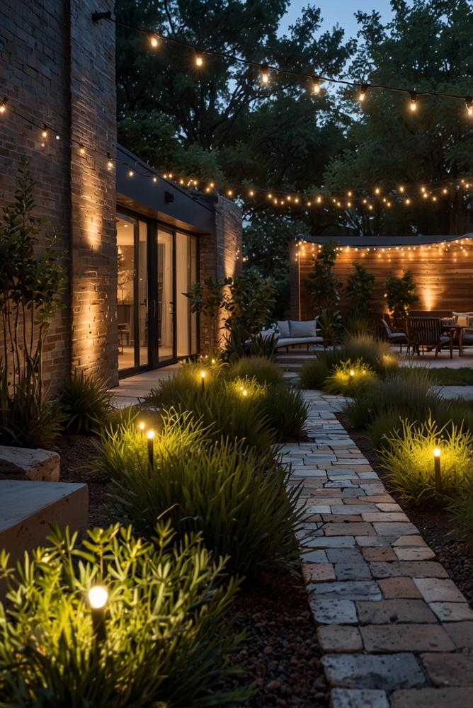 Helle, moderne Gartenbeleuchtung mit LED und Solarlicht