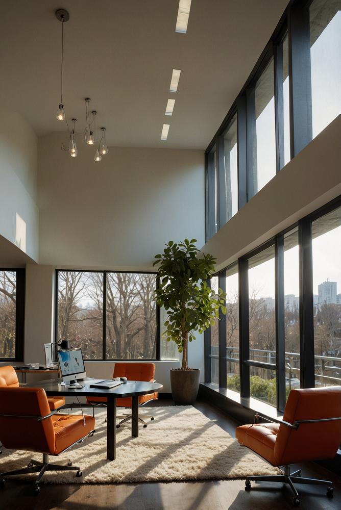 Heller moderner Arbeitsplatz im Home-Office und Büro im Fruehling