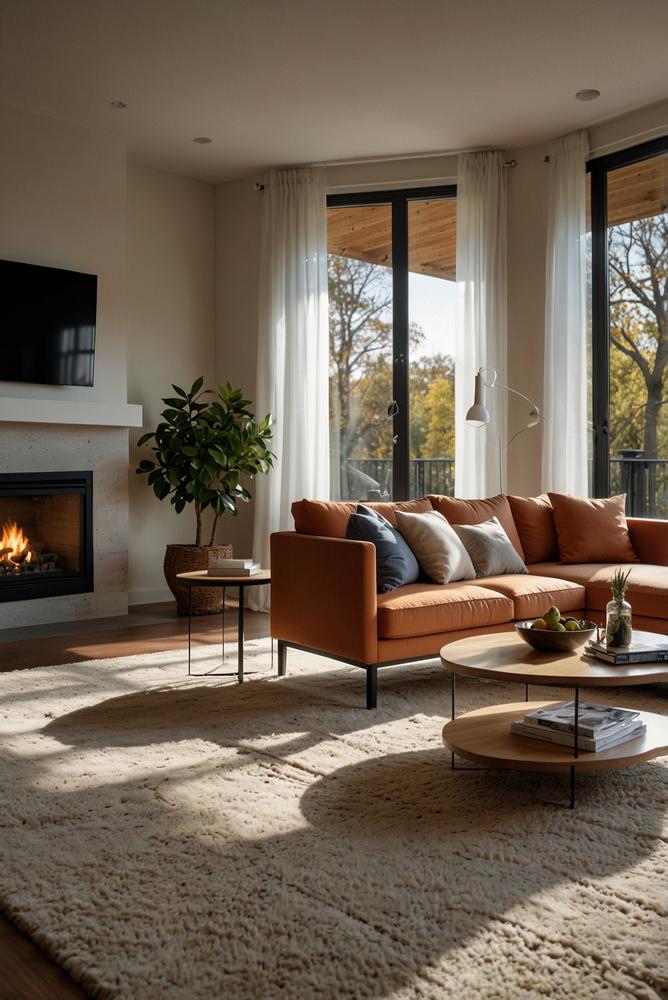 Helles Wohnzimmer mit smarten Energiegeräten und Sonnenlicht