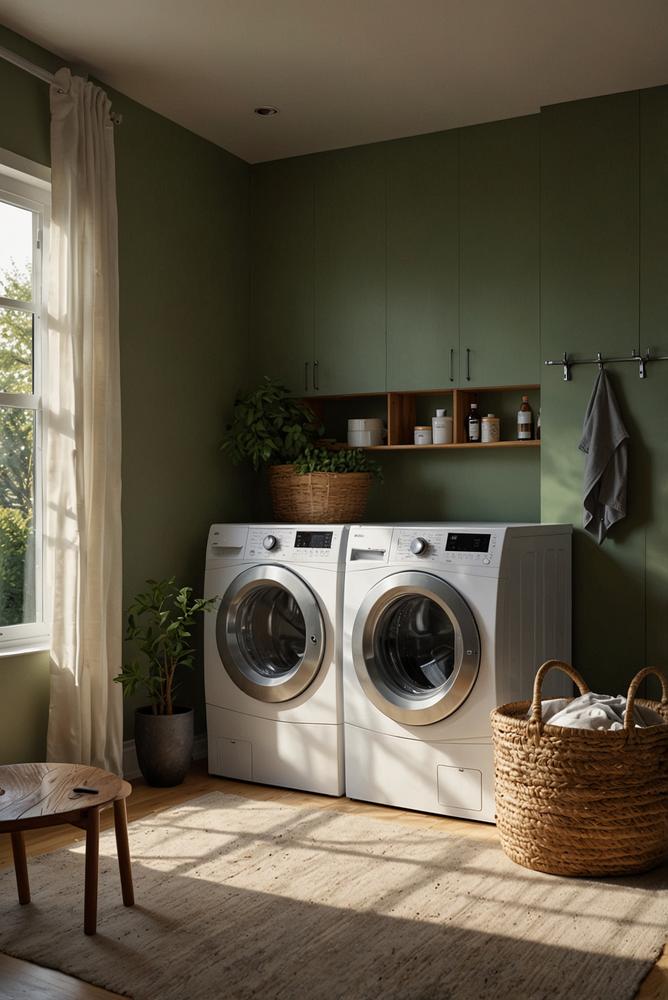 Helles Bild moderner Waschmaschine und Trockner im Fruehling