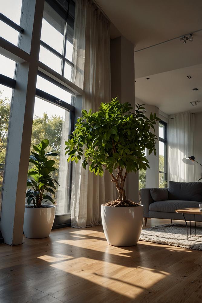 Hell beleuchteter moderner Raum mit Thermostat und Pflanzen