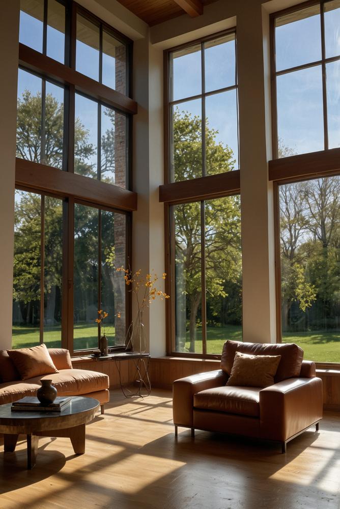 Helles modern eingerichtetes Zimmer mit sonnendurchfluteten Fenstern