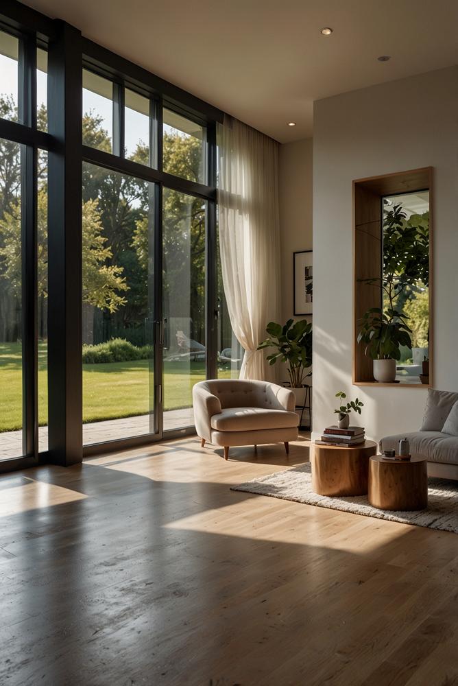 Helles Zimmer mit modernen dichtenden Fenstern und Tueren