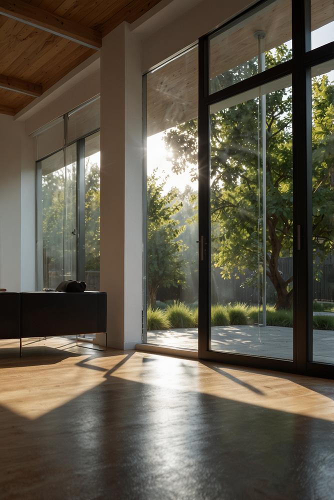 Helles Wohnzimmer mit modernen Fenstern und Türen im Frühling