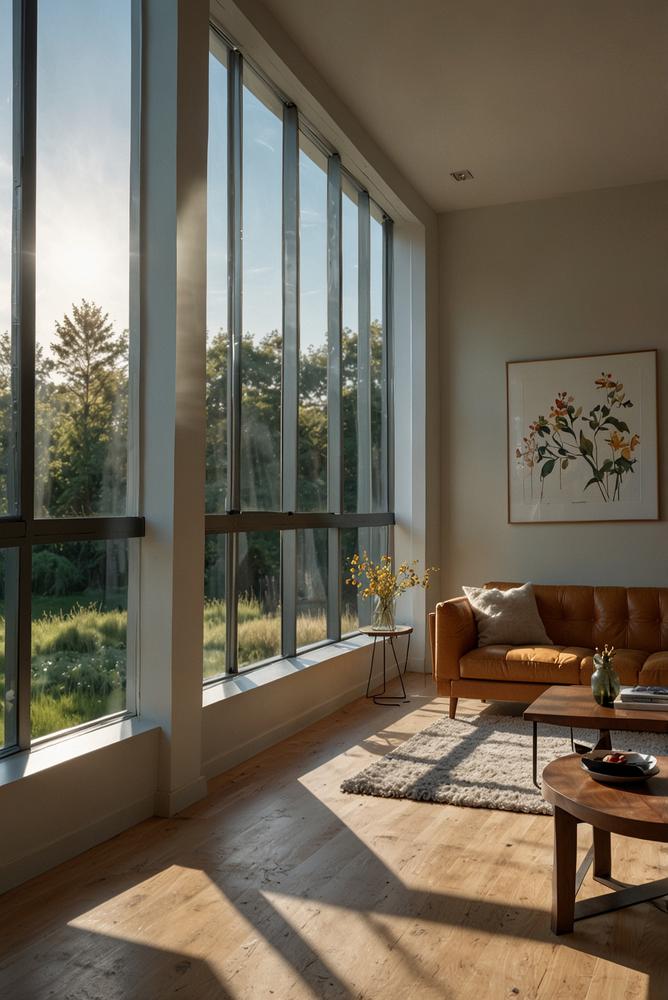 Helles, modernes Zimmer mit neuen Fenstern und Sonnenlicht