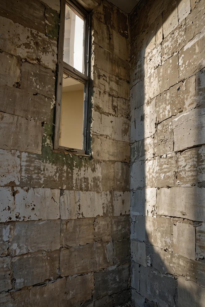 Effloreszenzen an heller Hausmauer mit Sonnenlicht