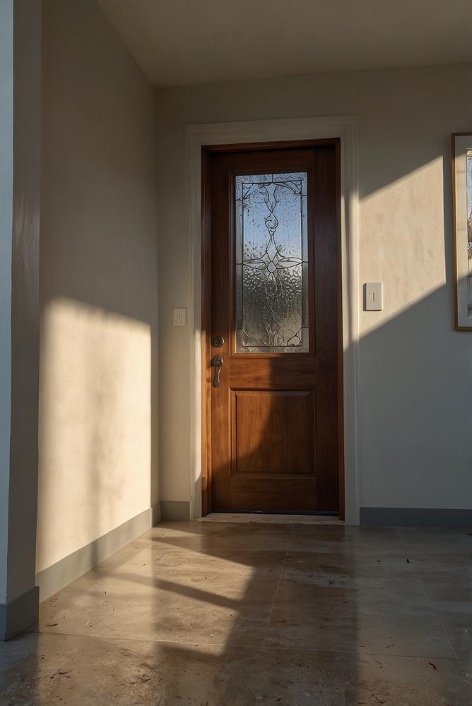 Helle Haustuer mit Frostschaeden und Schwelle nach Winter