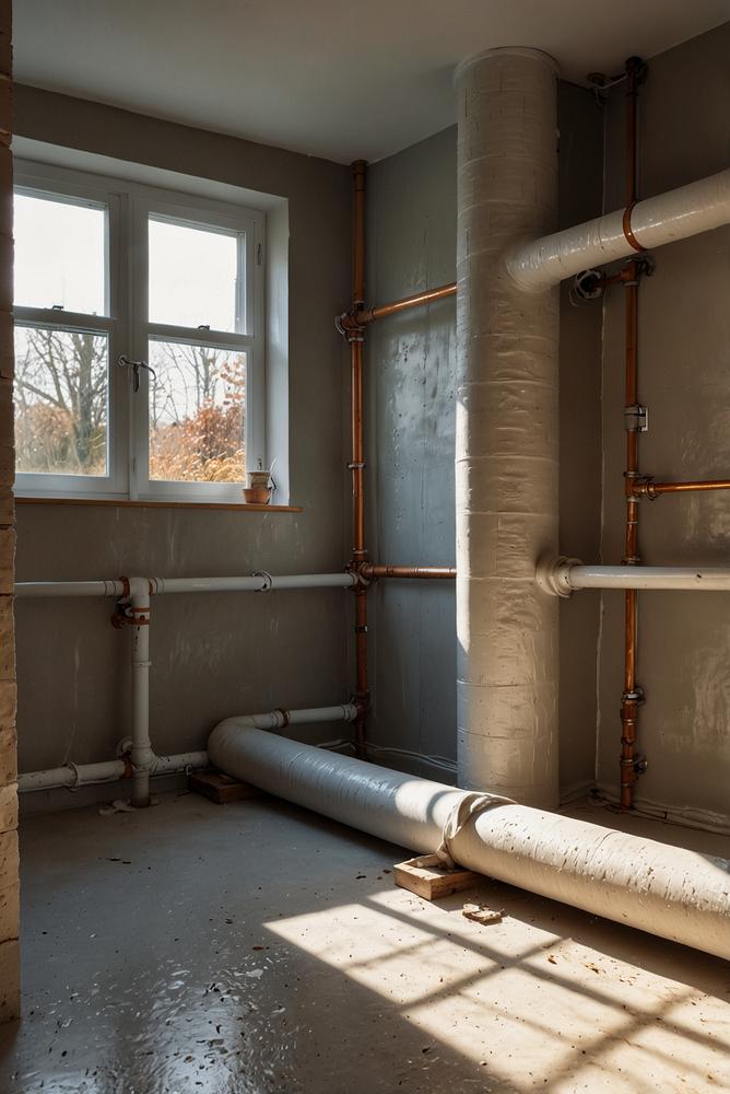 Isolierte Wasserleitungen gegen Frostschäden in hellem Keller