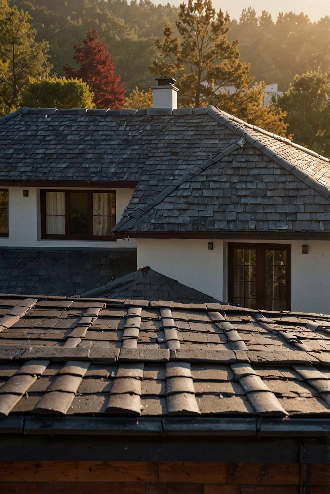 Hell beleuchtetes modernes Hausdach mit sichtbaren Dachziegeln