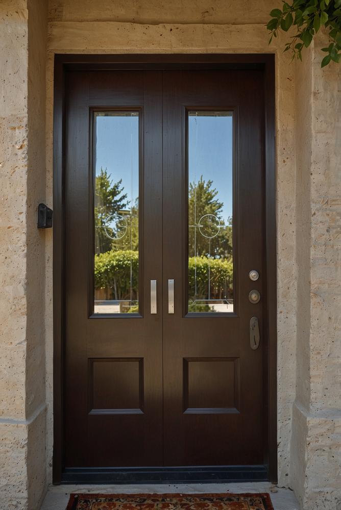 Helle moderne Haustür mit Schloss und Dichtungen in Sonnenlicht