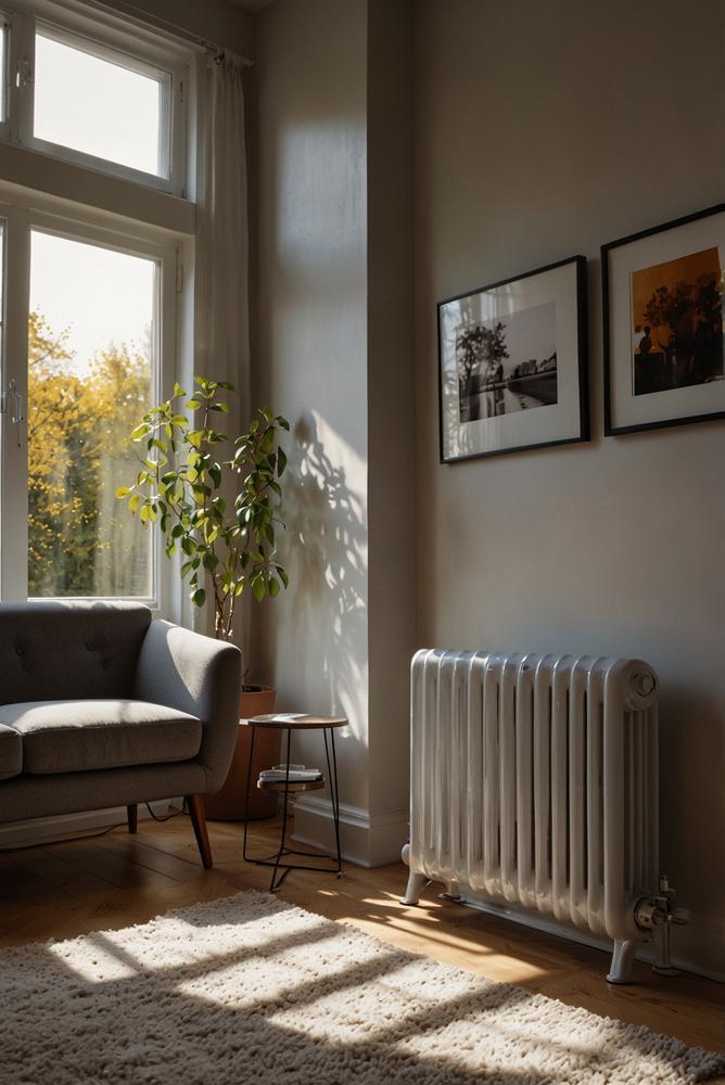 Hell beleuchteter Heizkoerper im modernen Wohnraum