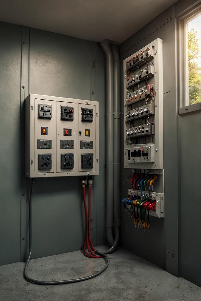 Heller Raum mit moderner elektrischer Anlage und Sicherungskasten