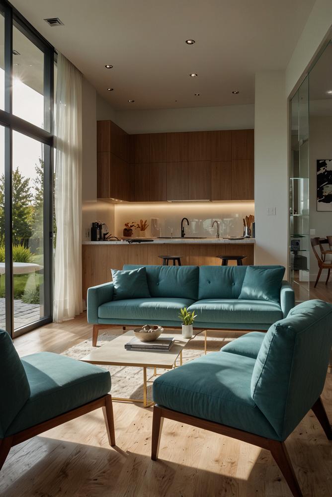 Helles modernes Wohnzimmer mit Smart-Home Sicherheitssystem