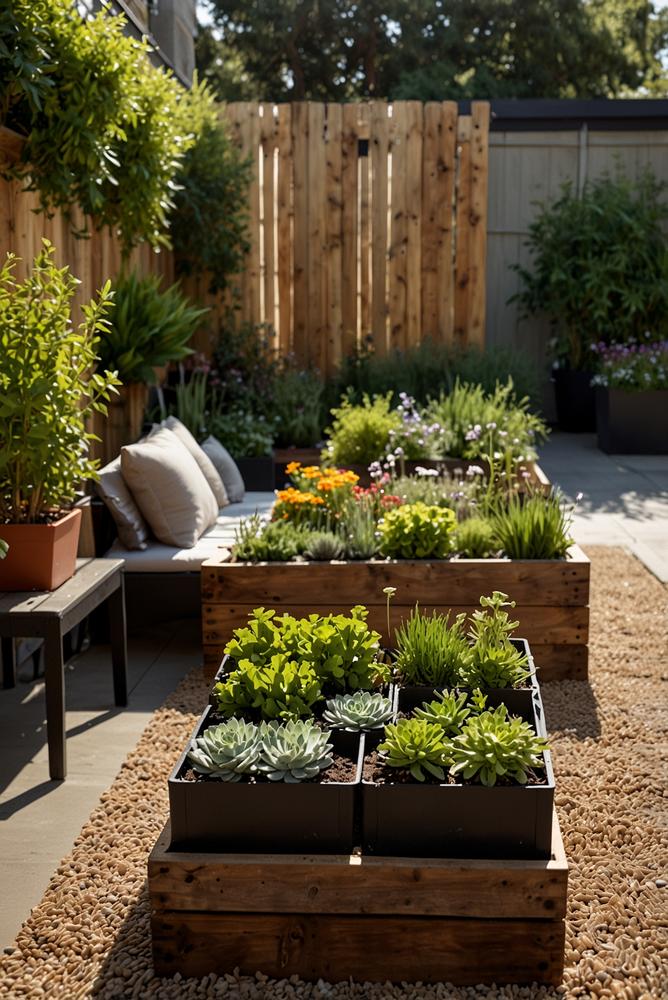 Helle Frühlingsgartenanlage mit Hochbeeten und Pflanzkuebeln