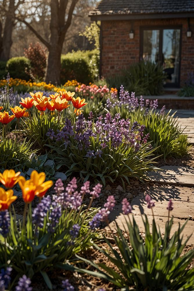 Helles Bild von blühenden Frühlingsbeeten im Garten