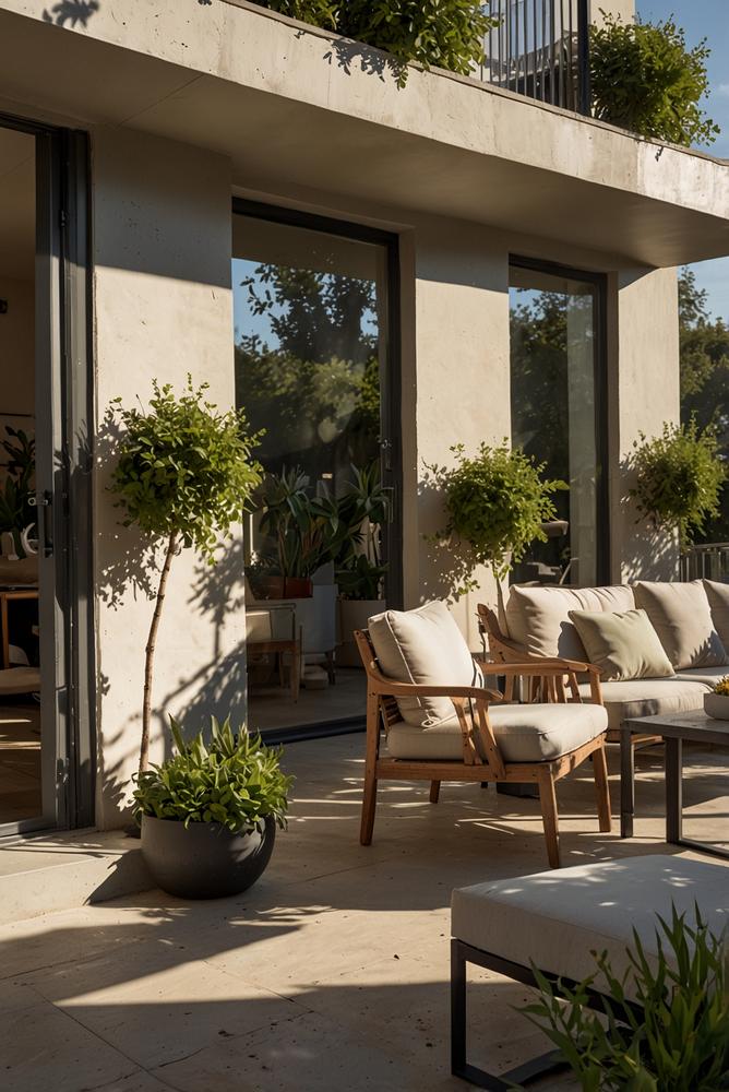Helle Terrasse mit grünen Pflanzen und Blumen im Frühling