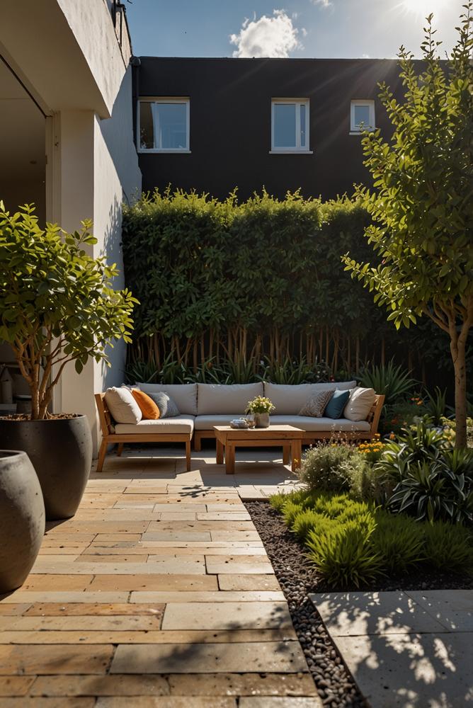 Helle frühlingshafte Gartenterrasse nach Renovierung