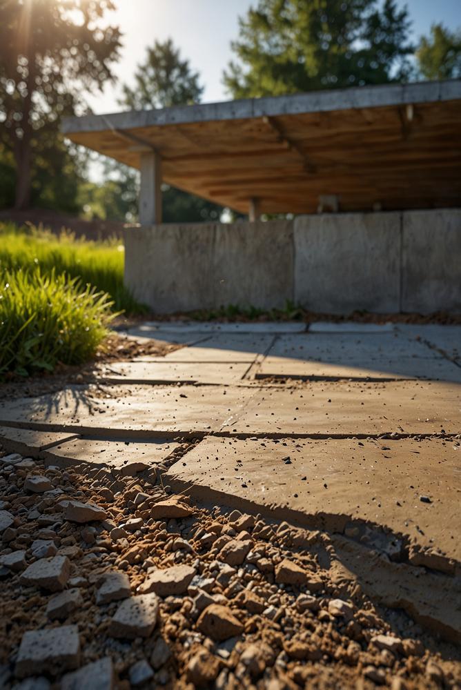 Gefrier-Tau-Effekte am Fundament im Frühling bei hellem Sonnenschein