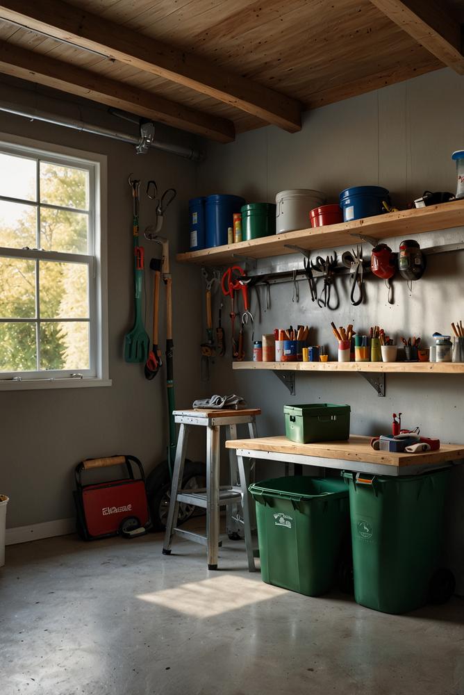 Helle garage mit werkbank und regalen organisiert