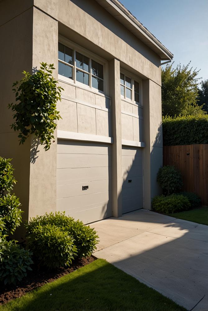 Garage auf hellem Grundstück mit viel Sonnenlicht