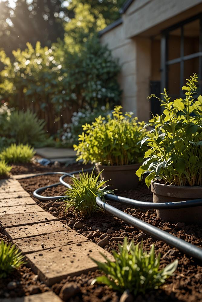 Helle tropfbewässerung im sonnigen fruehlingsgarten