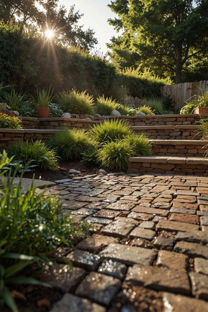 Garten mit Entwaesserung und gesichertem Hang im Fruehling