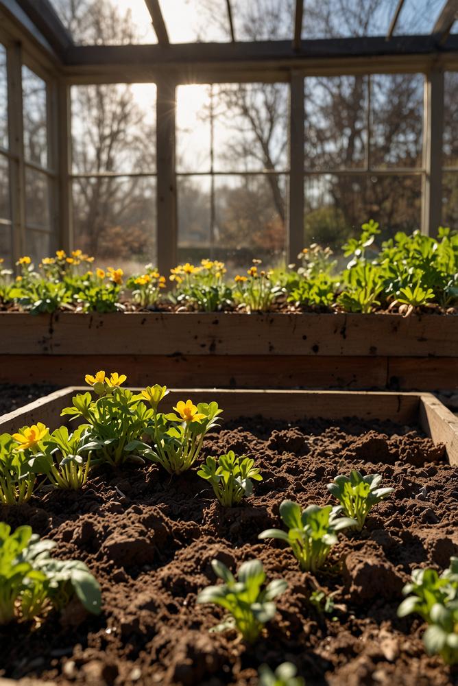 Heller Garten mit Fruehjahrsbluehern und vorgezogenen Gemuesepflanzen