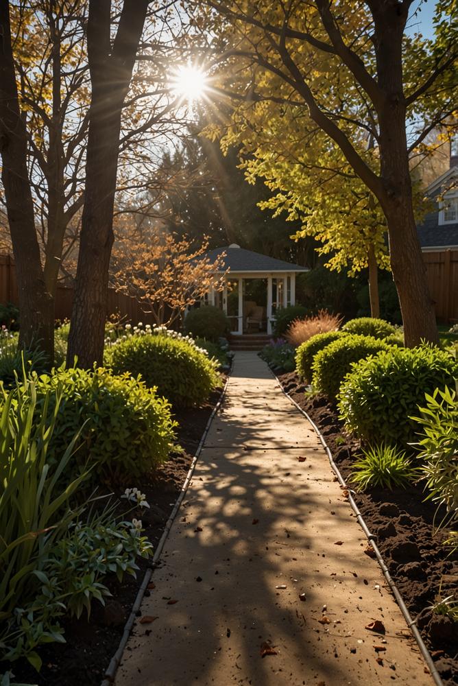 Heller Garten im Frühling mit frisch entfernten Winterschutz und Laub
