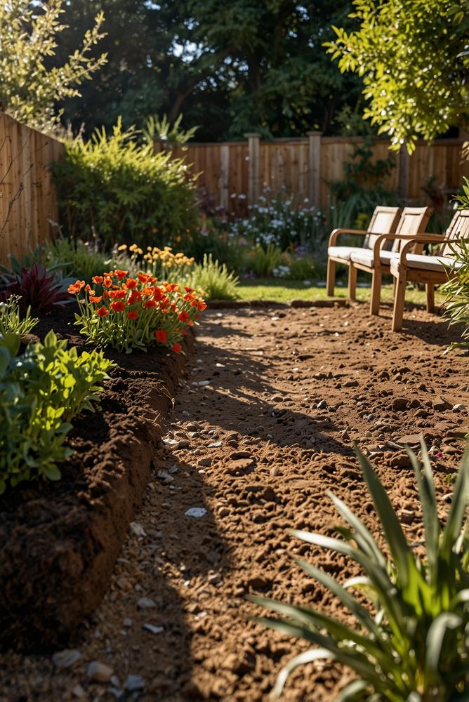 Hell erleuchtete Gartenbeete im Frühling vorbereitet