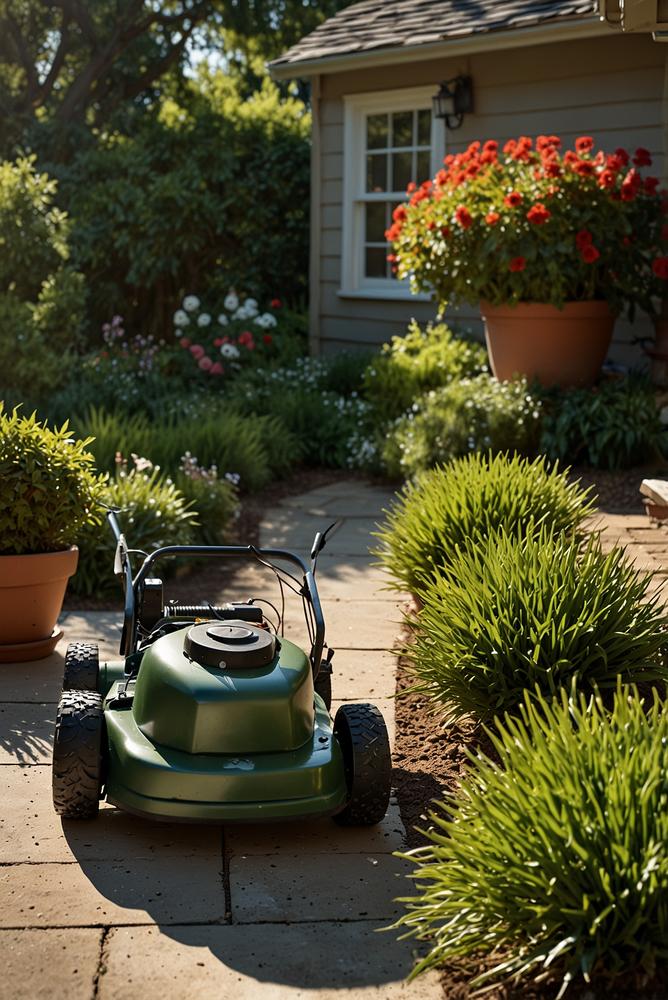Helle, gepflegte Gartengeraete mit Rasenmaeher im Sonnenlicht
