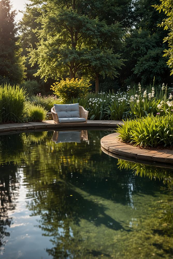 Heller, gepflegter Gartenteich mit klarer Wasserklarheit