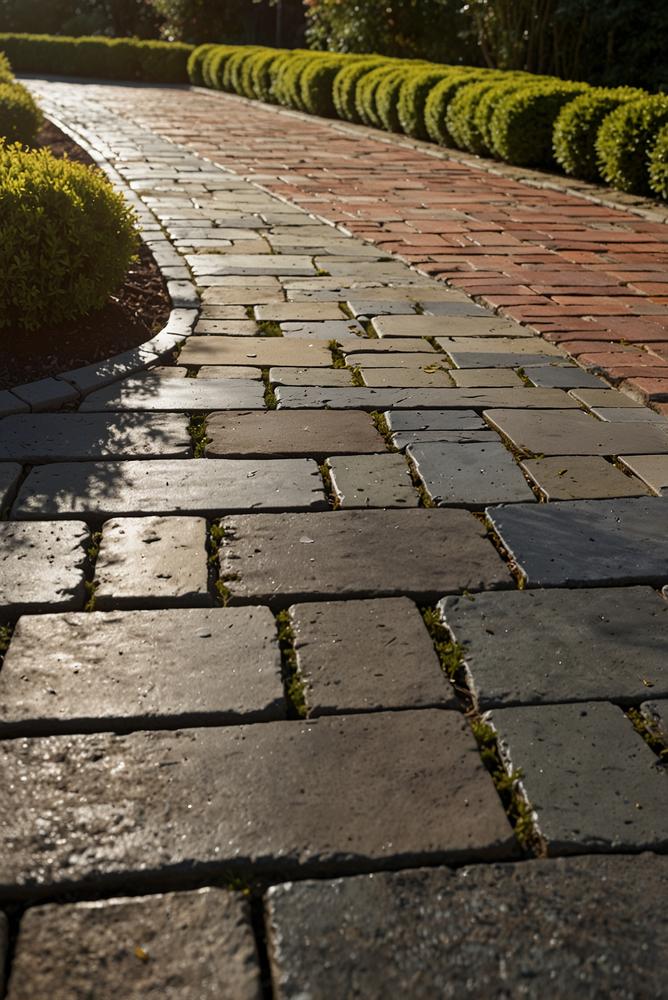 Helle, gepflegte Gartenwege mit erneuerten Pflasterfugen im Frühling