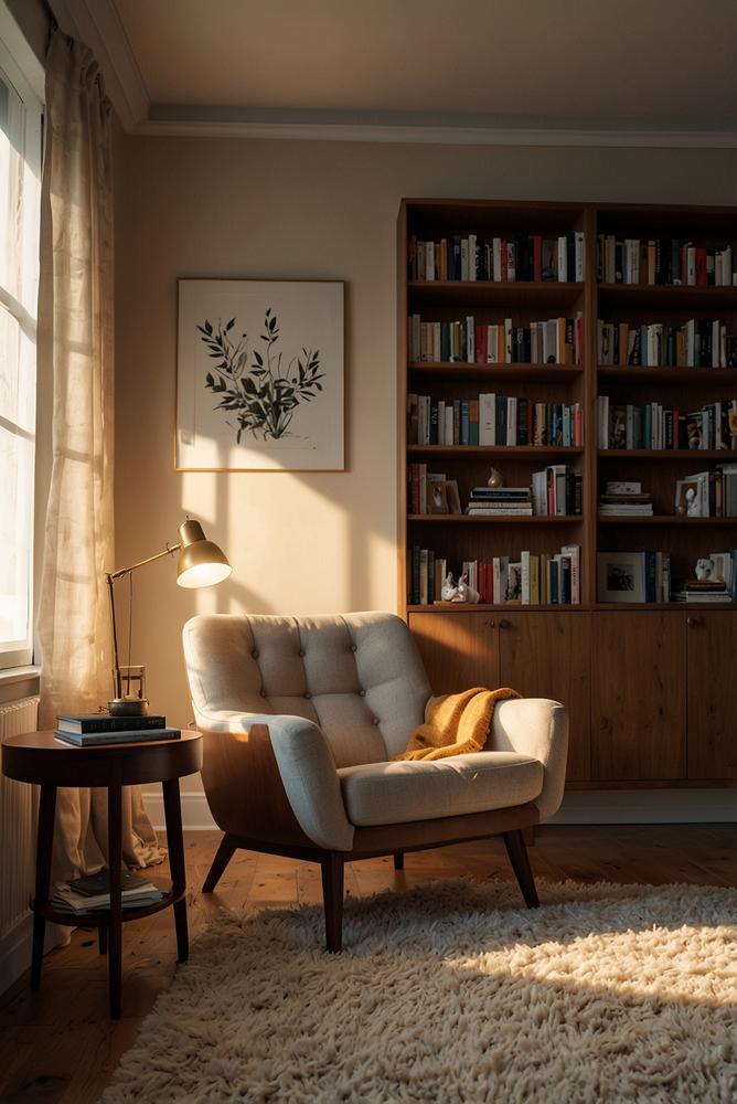 Helle Leseecke mit Regalbeleuchtung und gemütlichem Sessel