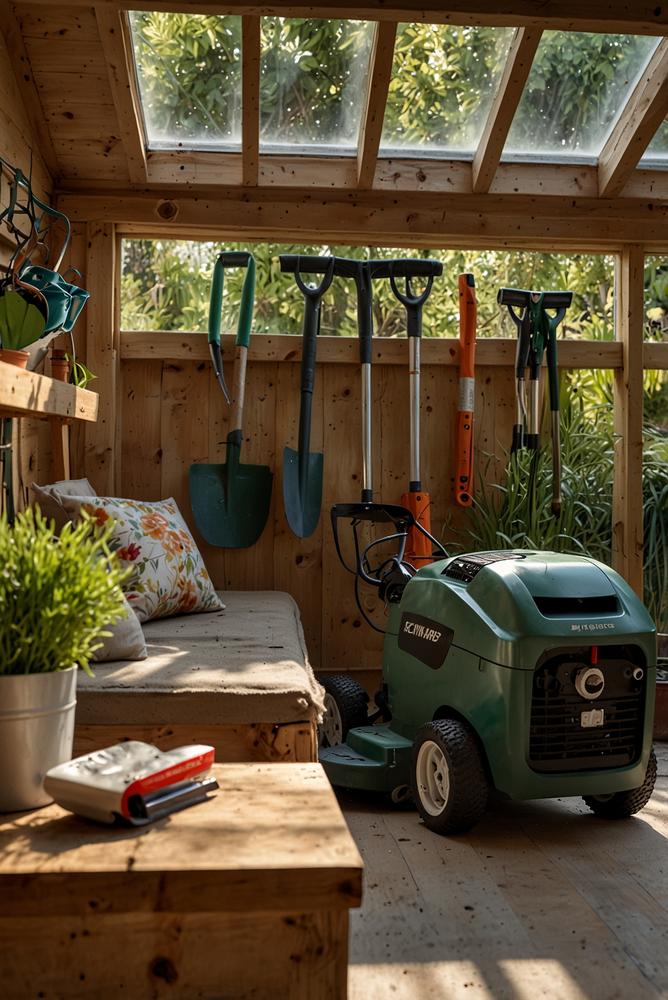 Heller, lichtdurchfluteter Raum mit gepflegtem Rasenmaeher und Gartengeraeten