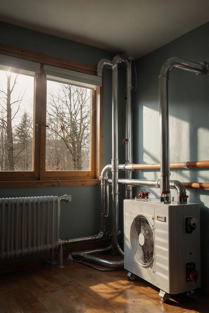 Heizungs- und Rohrleitungen mit Sonnenlicht im Keller