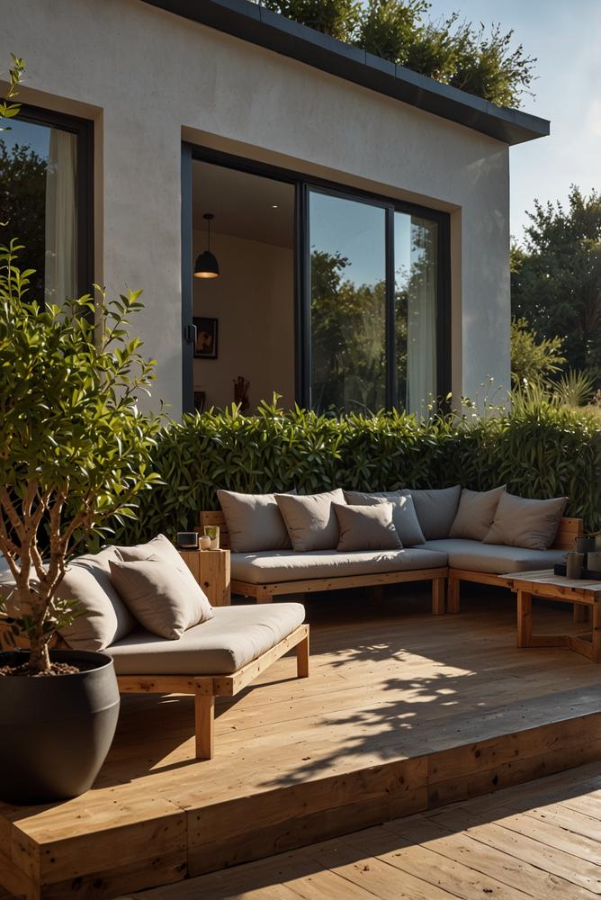 Helle, einladende Terrasse bei Tageslicht mit Holz und WPC