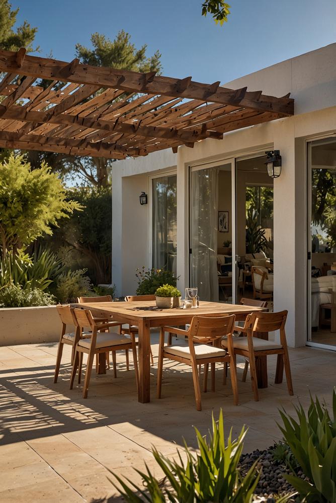 Helle sonnige Terrasse mit Sonnenschutz ausgerichtet nach Süden