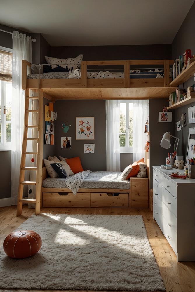 Helles Kinderzimmer mit Hochbett und integriertem Schrank