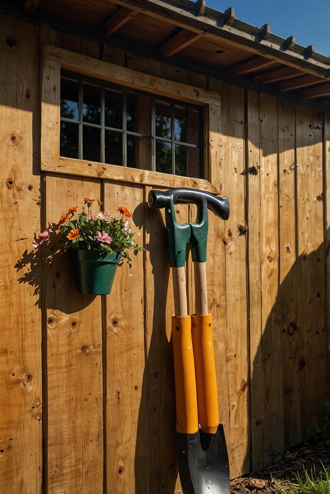 Heller Holz-Geräteschuppen im Sonnenschein, Frühjahrsinspektion